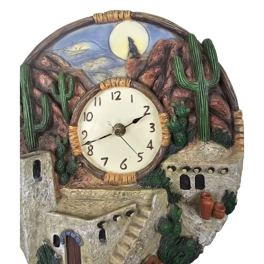 Mallory Lane Southwestern Desert Adobe Cactus Howling Wolf 3D Resin Wall Clock